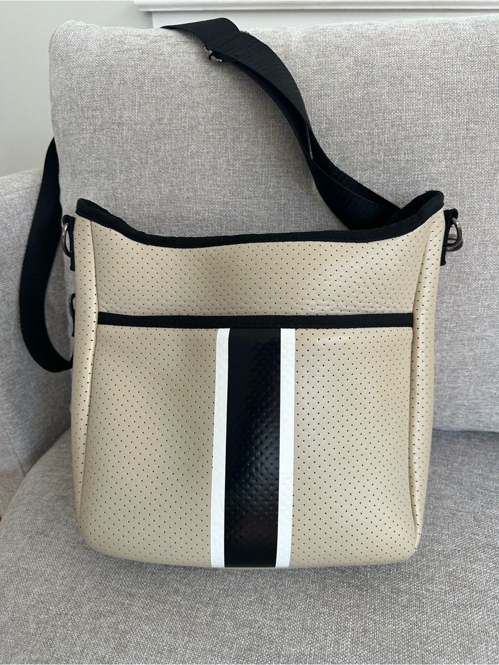 HAUTE SHORE Beige Crossbody with Black & White Stripe
